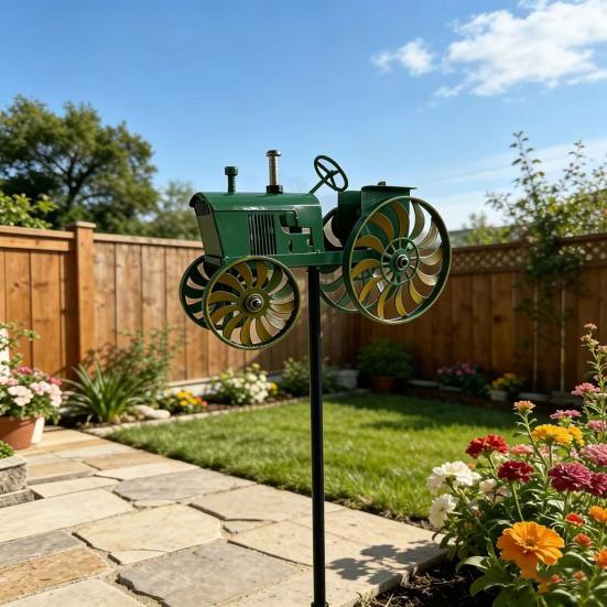 Garden Wind Spinner Kinetic Tractor Wind Sculpture with Rotating Wheels Outdoor Metal Windwill with Stake for Flower Bed Lawn Patio