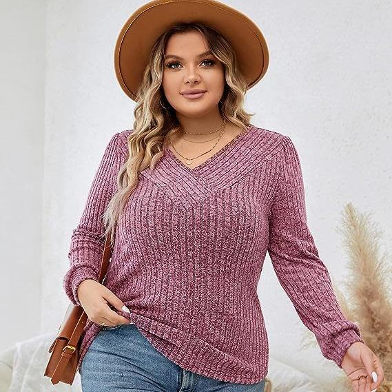 Dámský podzimní zimní svetr Velká velikost XL~5XL Svetry s dlouhým rukávem Výstřih do V Ležérní Top Žebrované Pletené košile Ženy