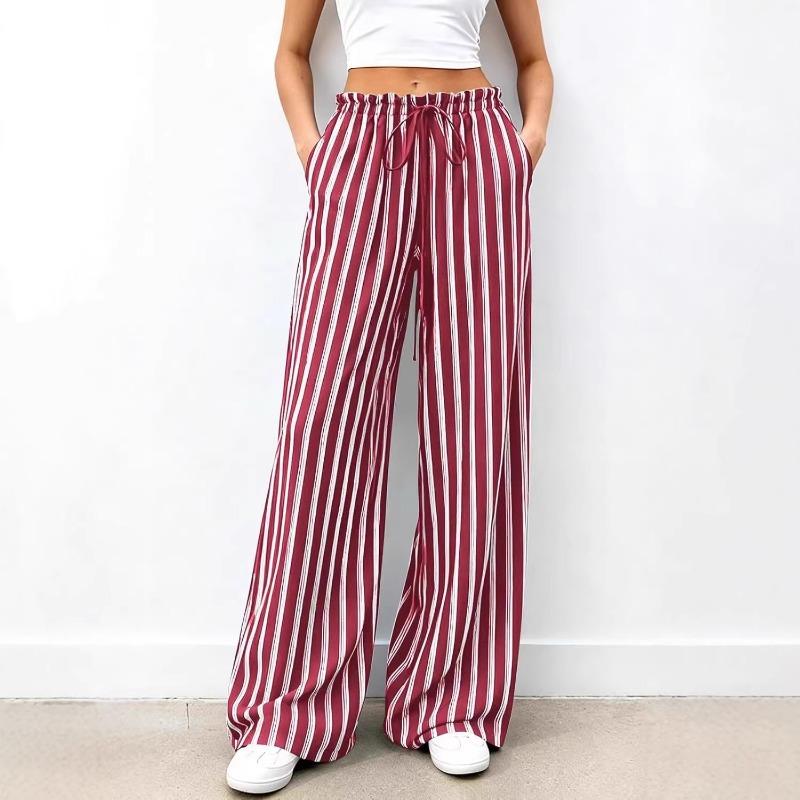 Women Striped Loose Commuting Casual Elastic Waist Wide-Leg Trousers