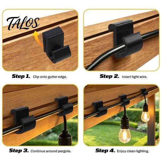 Firm Locking Wire Holders Pergola Cable Clip, Outdoor Light Organizer Hook for 3-8mm Strings, Tool-Free Snap-On No Drill String Clips Install,