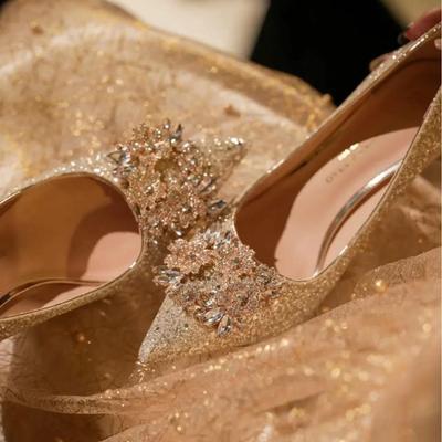 688-8 Beautiful Golden Wedding Shoes Women's New Hexiu Wedding Dress Two Wear Bridal Crystal High Heels Engagement Shoes