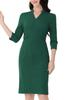 Allegra K Work Stand Sleeve Vintage Midi Pencil Dark Size M Women's V-Neck Dress, Collar, 3/4 Split, Dress, Green,