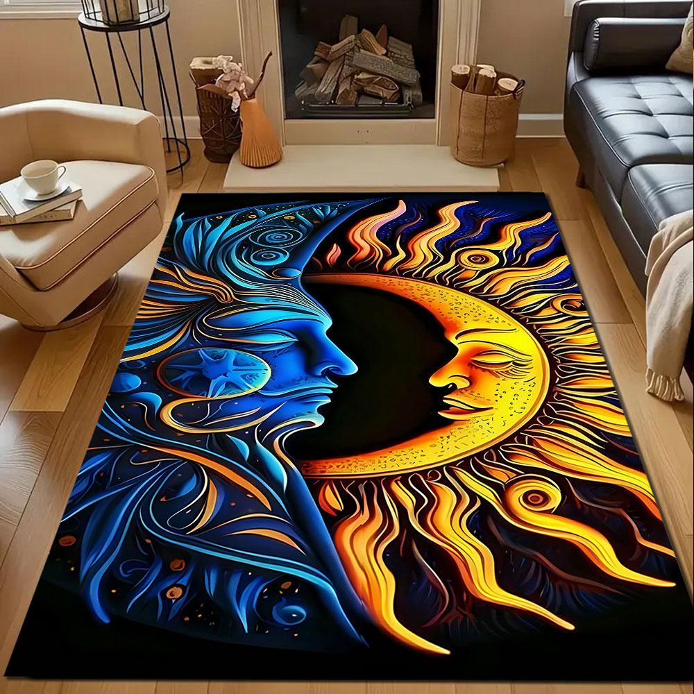 Sun and Moon Celestial Faces Patterned Carpet, Non Slip Mat Suitable for Living Room and Bedroom Sofas