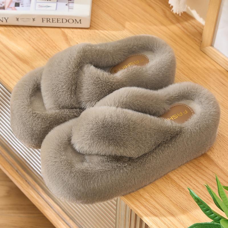 Crossed fluffy slippers women's outer wear new indoor home thick-soled fluffy plush shoes autumn and winter models
