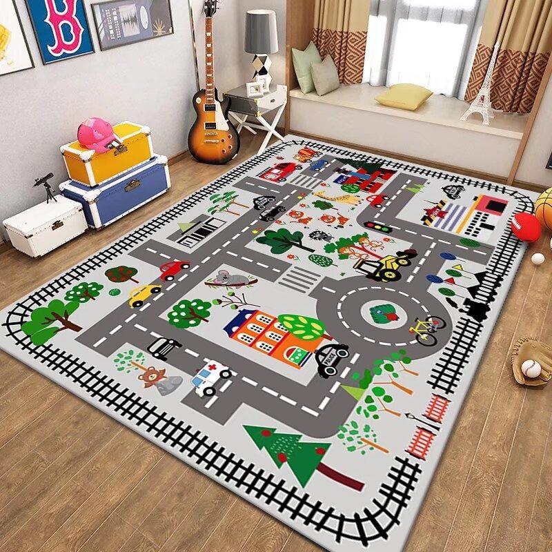 Kids Play Mat, City Road Train Track Rug Educational Cartoon Carpet for Children's Playroom Non Slip Soft Floor Mat