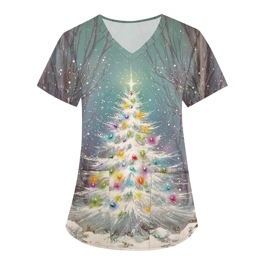 Women's Fashion V-Neck Short Sleeve Overalls With Pockets Christmas Printed Tops  Clothes