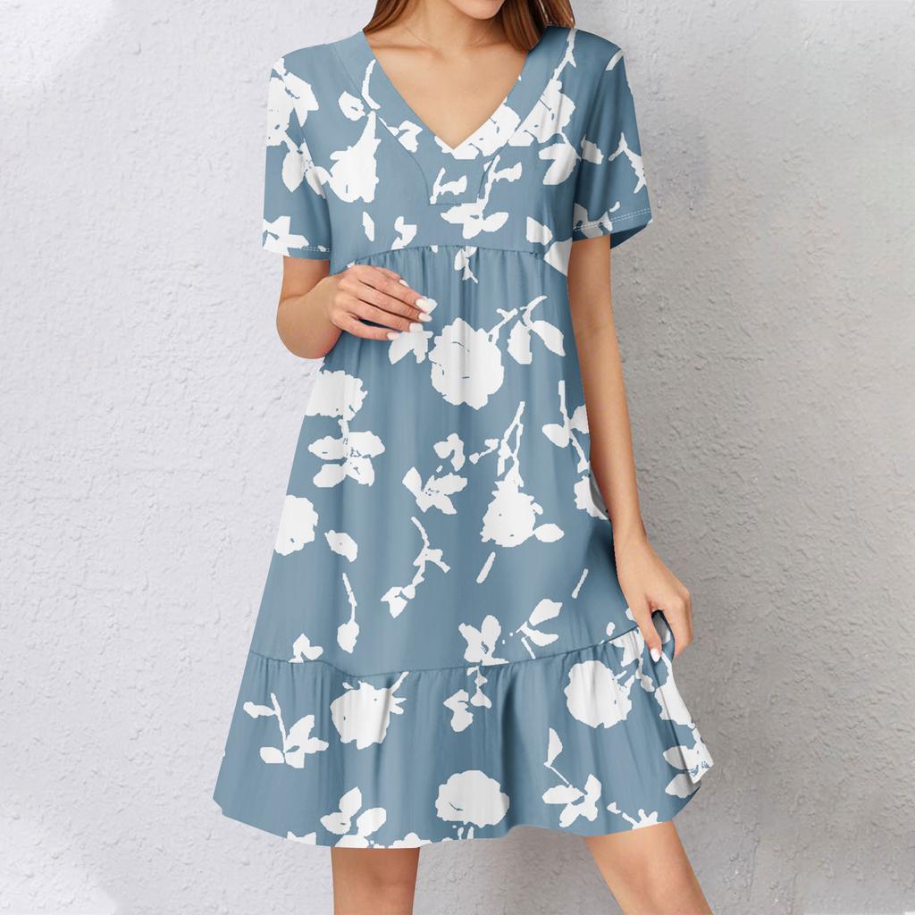 Womens Summer Dress Short Sleeve V Neck Short Dresses Fashion Casual Flowy Boho Ruffle A Line Swing Sundress