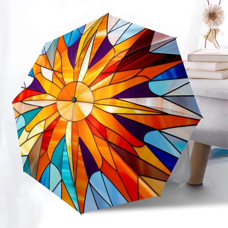 

1pc Stained Glass Sunburst Design Automatic Folding Umbrella - Portable 3-Fold Design, 8-Rib Iron Frame Outdoor Umbrella, Ideal Gift for Fans, Travele