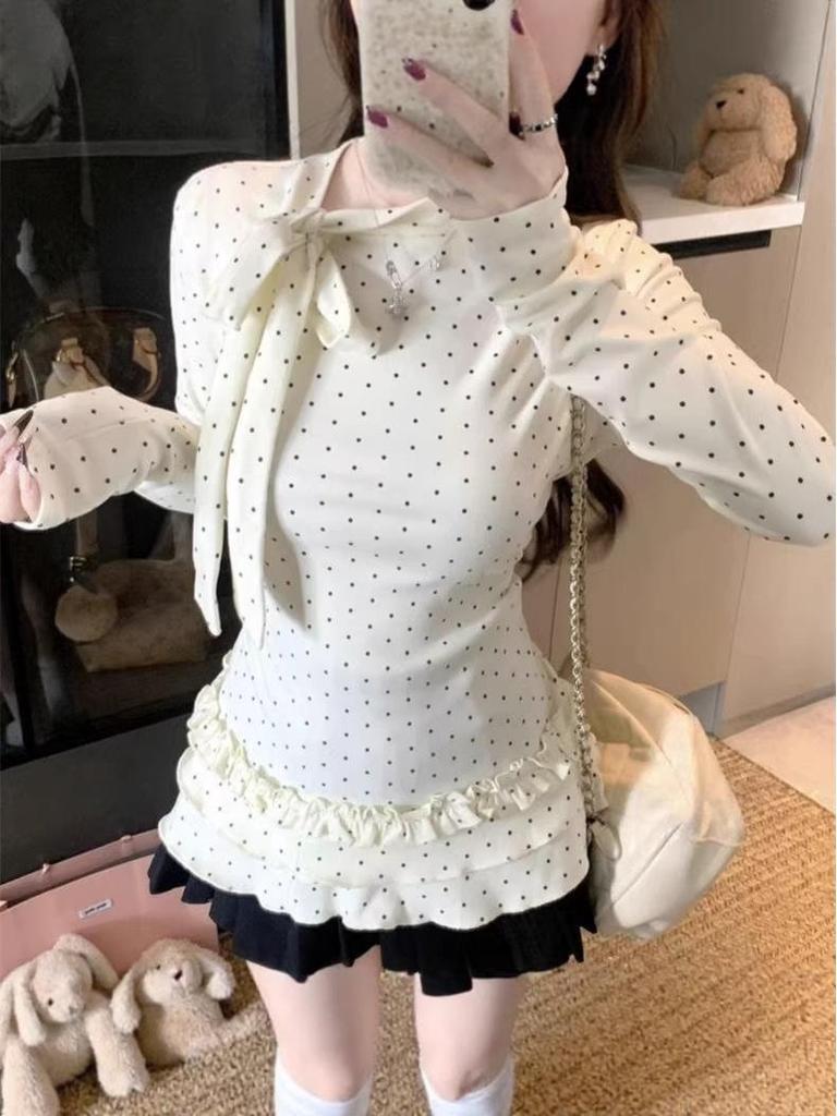 Korean Bow Tie Polka Dot Long Sleeve T-shirt with Slim Waist Design - Women's 2026 Trendy Base Top