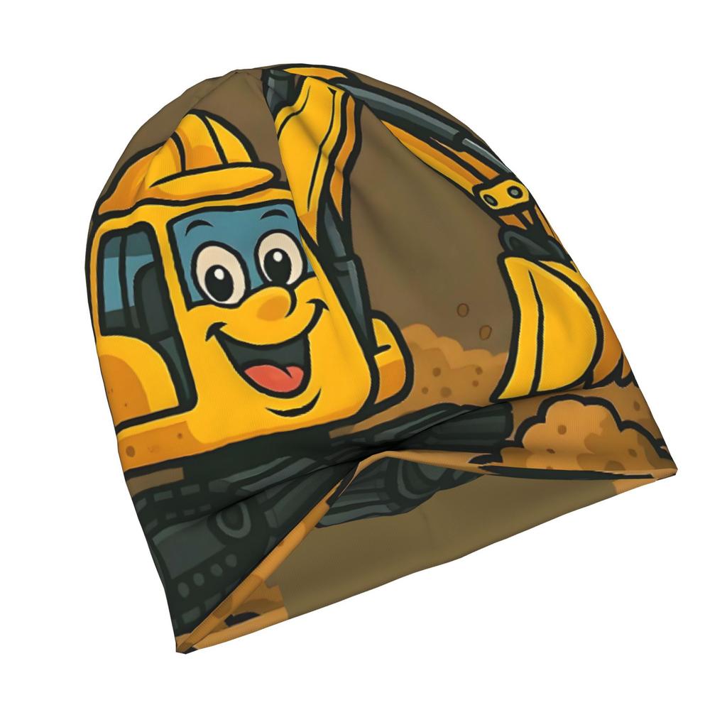 Cute Happy Digger Excavator Cartoon for Urban-Inspired Adult Beanie Fits Well with Layered Looks, Morning Coffee Walks, Or Creative Spaces with Artist