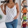 Spring Summer V-neck Hollowed-out Metal Buckle Halter Knitted Sweater for Vacation Women