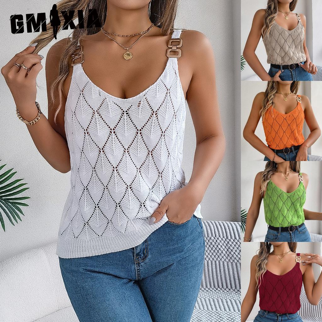 GMXIA Spring Summer V-neck Hollowed-out Metal Buckle Halter Knitted Sweater for Vacation Women