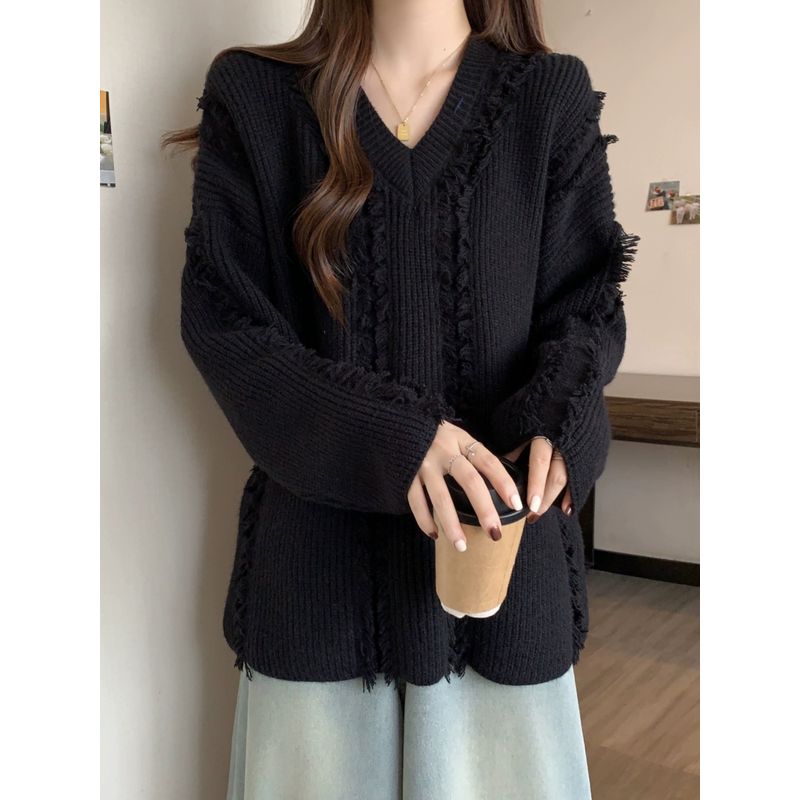 Fashion Plus Size Chubby Girl Autumn and Winter Lazy Style V Neck Pure Color Slimming Slim Fit Loose Casual Long Sleeves Knitwear Sweater