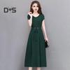 Summer Lady Dress Round Neck A-line Short Sleeves Slim Waist Plus Size Pure Color Slim Fit Mid-calf Length OL Commute Midi Dress