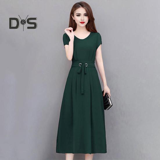 Summer Lady Dress Round Neck A-line Short Sleeves Slim Waist Plus Size Pure Color Slim Fit Mid-calf Length OL Commute Midi Dress