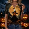 Womens Halloween Print V Neck Short Sleeve T Shirt Button Detail Casual Loose Fit Top for Everyday Wear