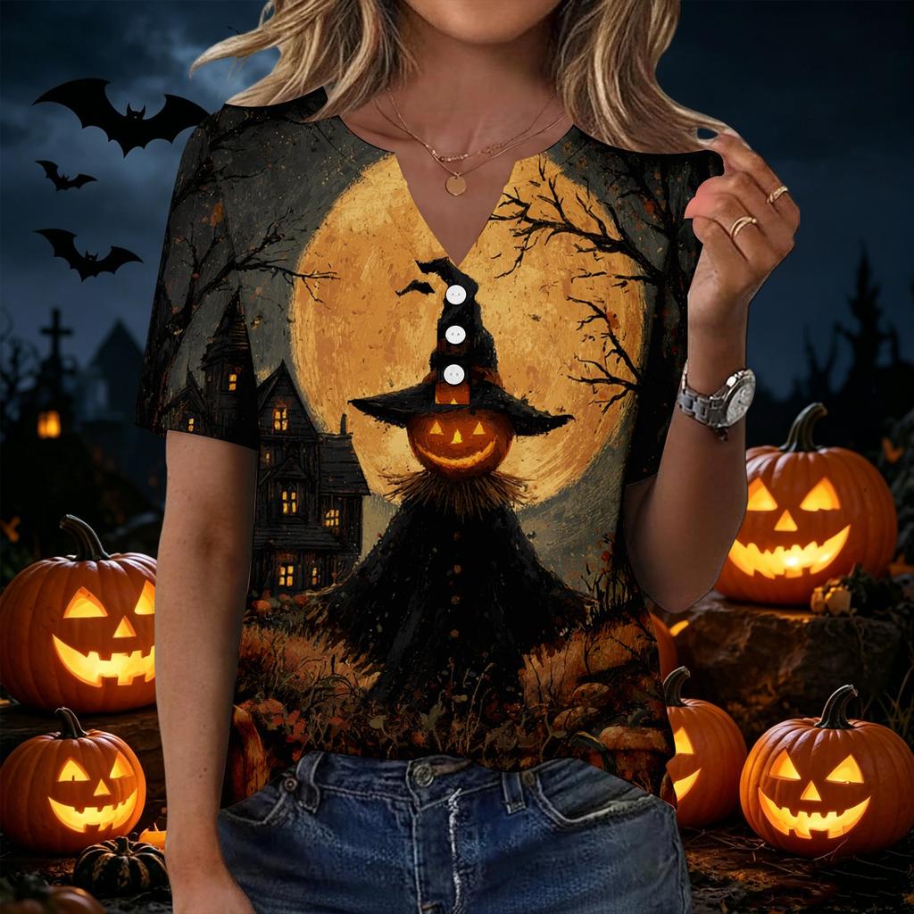 Womens Halloween Print V Neck Short Sleeve T Shirt Button Detail Casual Loose Fit Top for Everyday Wear