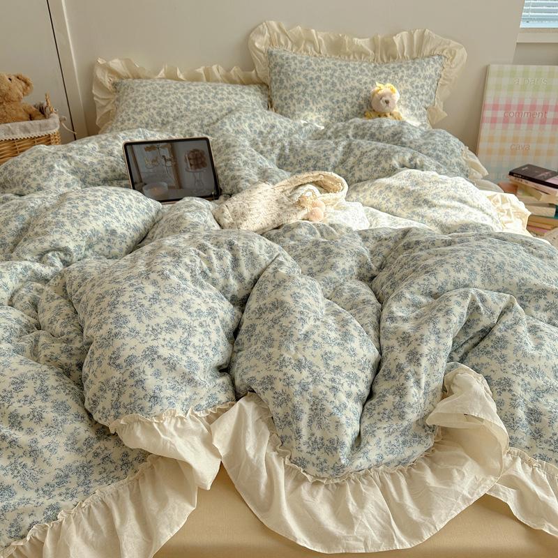 Cotton Double-Layer Yarn 4Pcs Set, Small Lotus Leaf Edge, Fresh Pure Cotton Gauze Quilt Cover, Bed Sheet