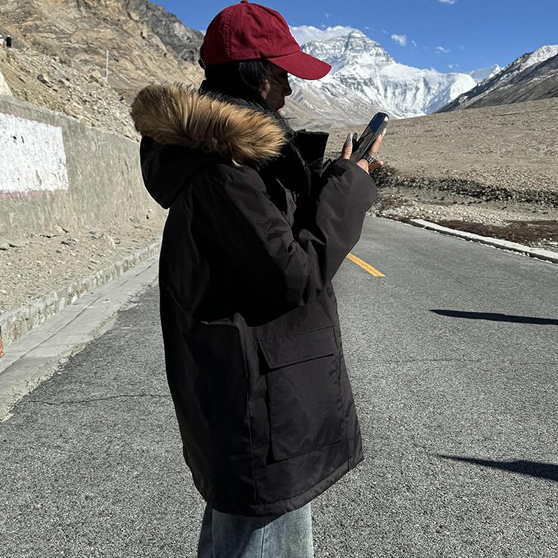 Roupa de Trabalho Outono e Inverno com Gola de Pele, Jaqueta Parker de Algodão com Penas, Jaqueta de Algodão Moda Americana, Jaqueta Quente Média a Longa, Roupa Exterior de Algodão Casual