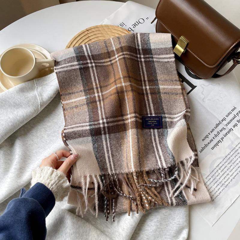 

Ретро клетчатый шарф мужской и женский осенне-зимний кофейного цвета атмосферный шарф-шаль из имитации кашемира теплый шарф с бахромой 190*23cm