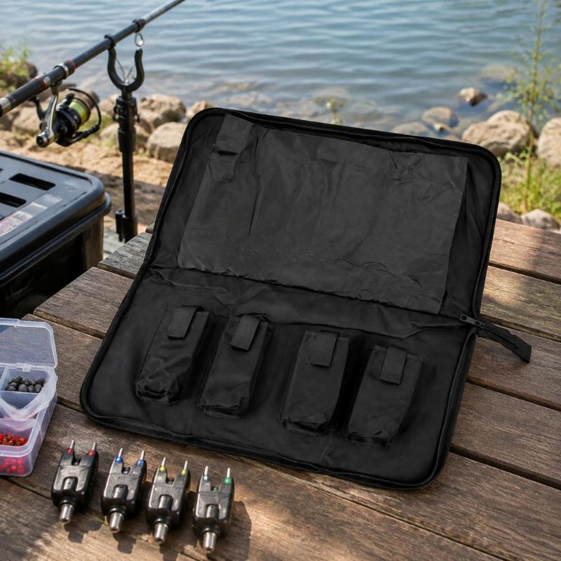 Oxford Cloth Fishing Bites Alarm Carrying Case, Foldable Bankstick Organizers with Four Internal Sleeves and Strap for Separated Tackle Storage
