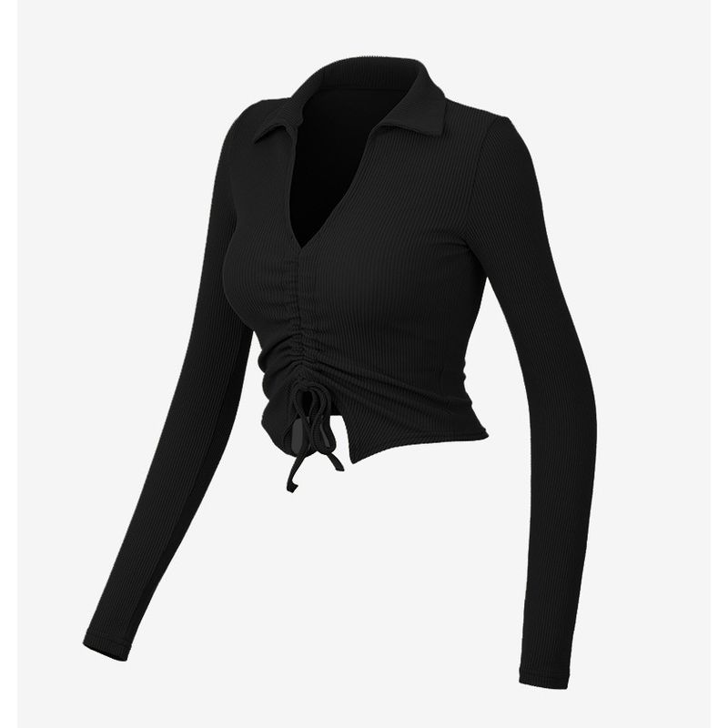 

2025 Elegant Polo Collar Long Sleeves Yoga Jacket Adjustable Drawstring Waist Trimming Knitted PRA Sports Lift Blouse New Black M