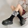 Women Aesthetic Ribbed Knit Stretch Leg Warmer Japanese Boot Cover Sweet Ruffled Lace Trim Bows Leg Sleeve Long Socks
