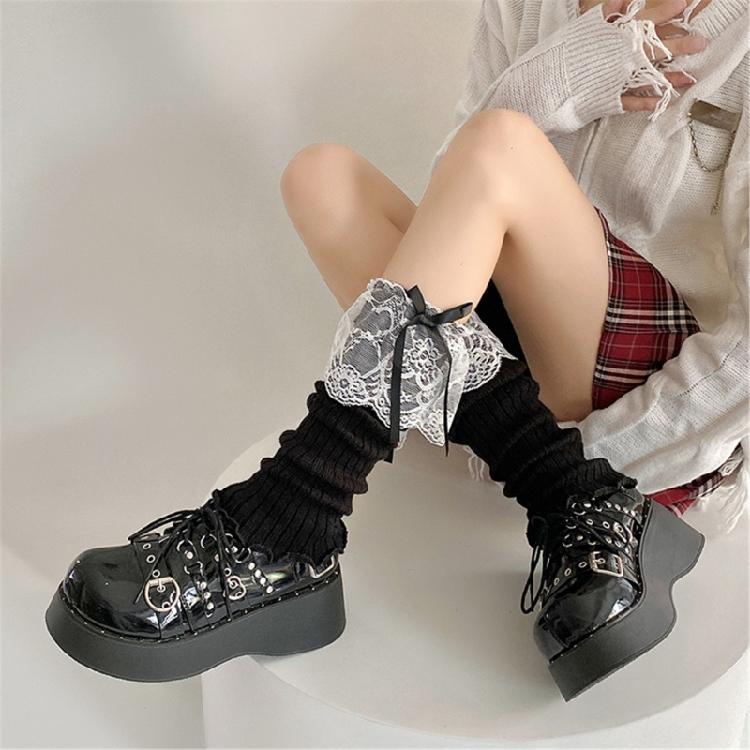 Women Aesthetic Ribbed Knit Stretch Leg Warmer Japanese Boot Cover Sweet Ruffled Lace Trim Bows Leg Sleeve Long Socks