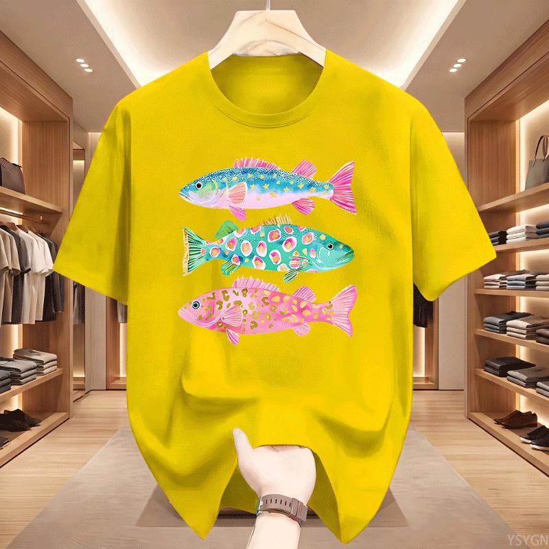 Preppy Fish Tshirt Unisex Summer Coastal Fish Beach Tshirts Causal Round Neck Printed Cotton Short Sleeve T Shirts Unisex Tops