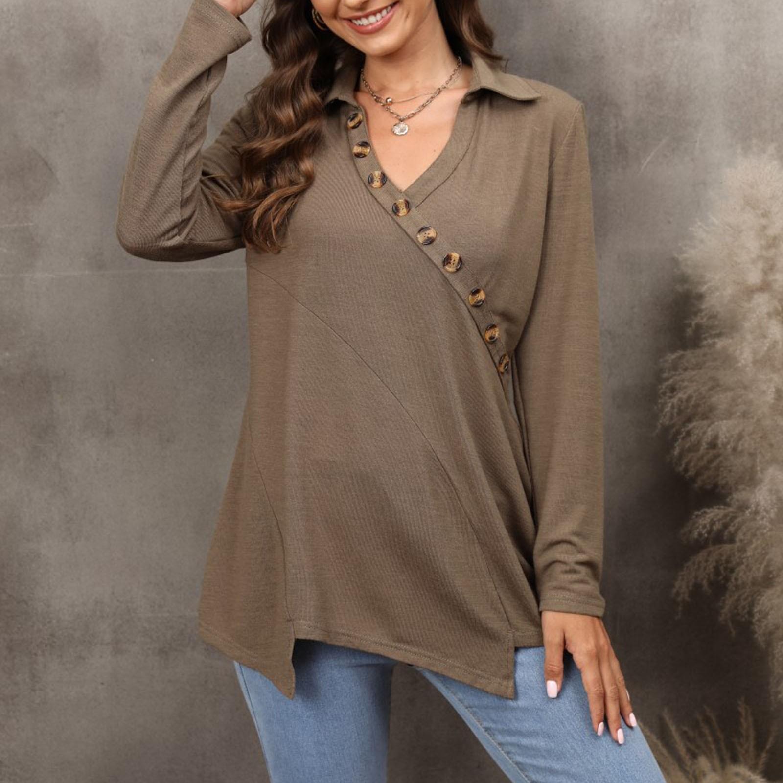 

Женская рубашка с длинным рукавом и v-образным вырезом на пуговицах, однотонная блузка, топы, рубашки на пуговицах с длинными рукавами, топы XL кофейный