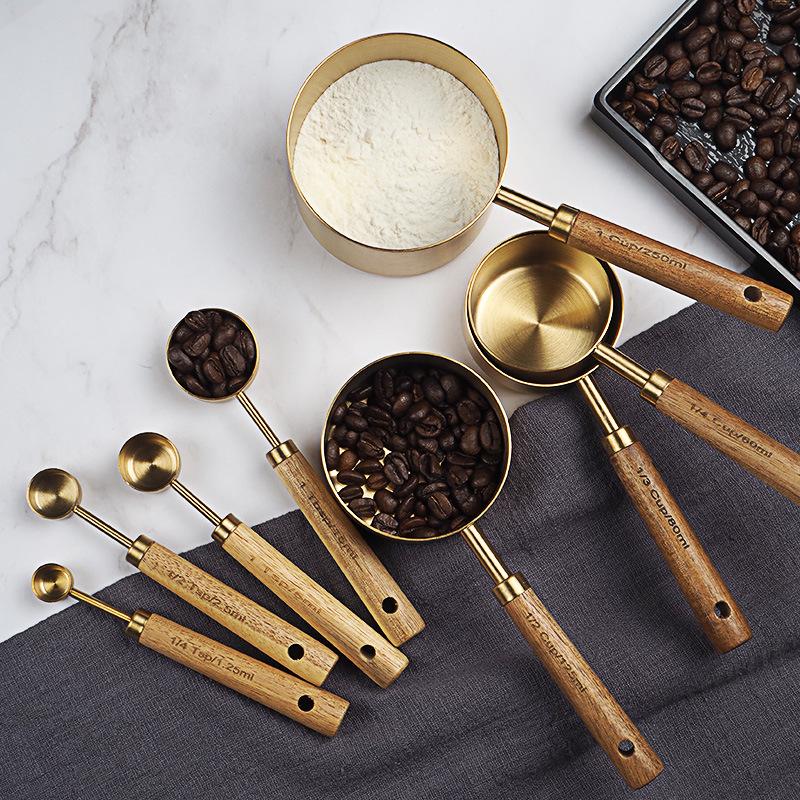 Acacia Wood Handle Stainless Steel Measuring Cups & Spoons Set - 8-Piece for Baking & Bartending