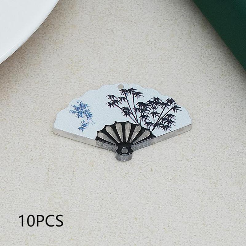 10Pcs Chinese Style Vintage Bamboo Printed Fan Charms For Earrings Keychain Diy Pendant Jewelry Making Material Accessories