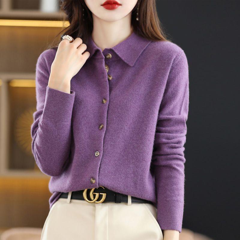 Spring Autumn Women's Wool Cardigan Solid Color Polo Collar Knitted Cardigan Long Sleeve Slim Fit Stretch Wool Cardigan