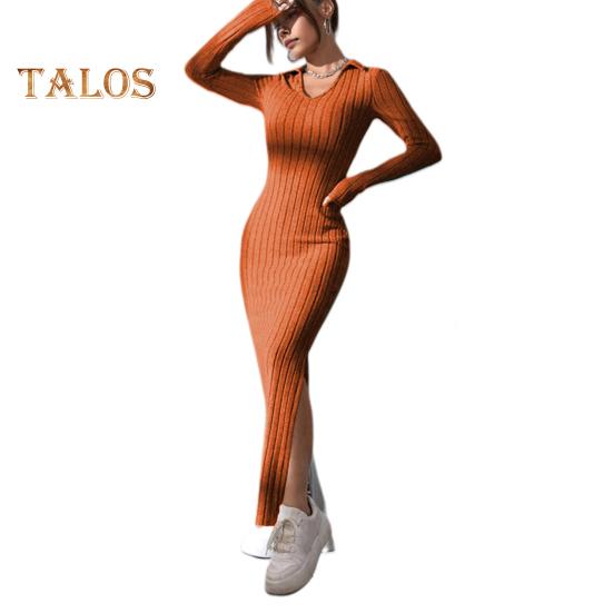 

Женское платье весна-осень с V-образным вырезом, разрезом по низу, облегающим кроем, длинными рукавами, длиной до щиколотки, трикотажное эластичное платье макси для шопинга, свиданий, вечеринок L кирпич красный