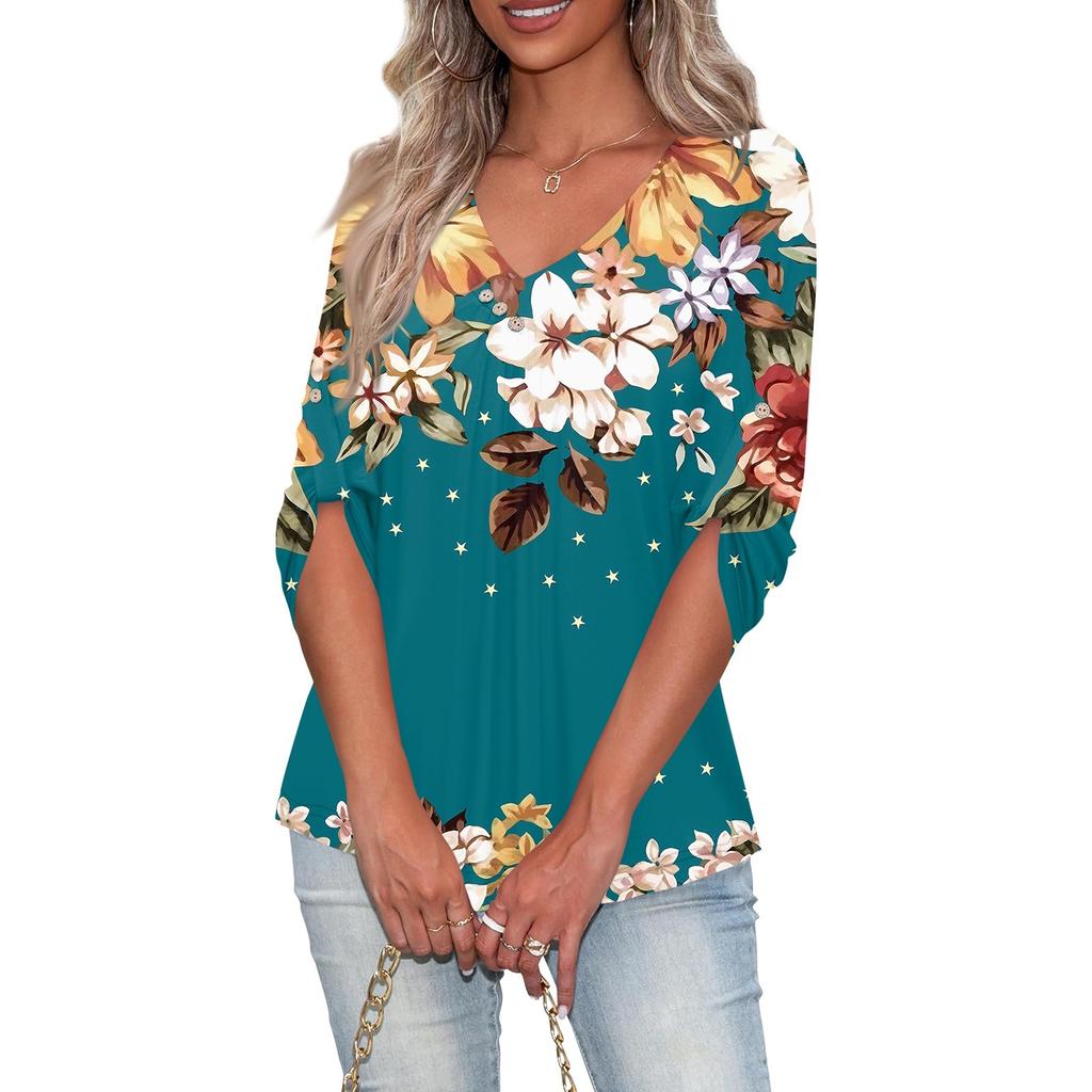 Shirts For Women Trendy V Neck Button T Shirts Casual Printed Summer Tees T Shirt Blouse Three Quarter Sleeve Tops For Women