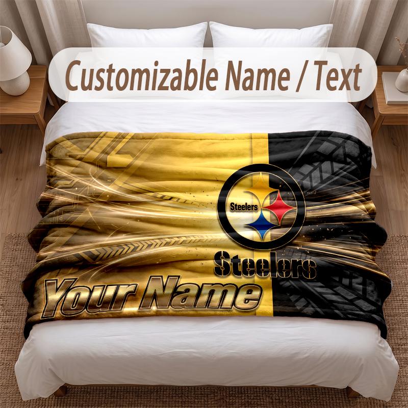 Pittsburgh Steelers Printed Flannel Blanket Custom Name Text Soft Warm Throw For Bedroom Holiday Gift