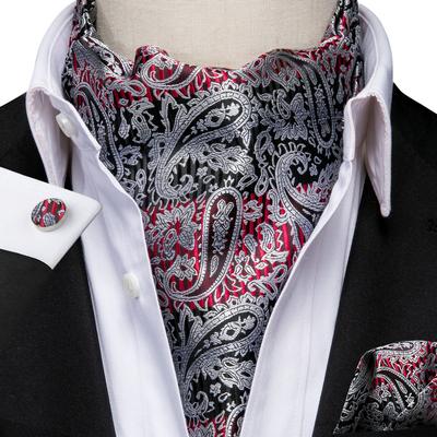Men Business Cravat Silk Ascot Scarves Grey Paisley Tie Set for Men Handkerchief Cufflink Set