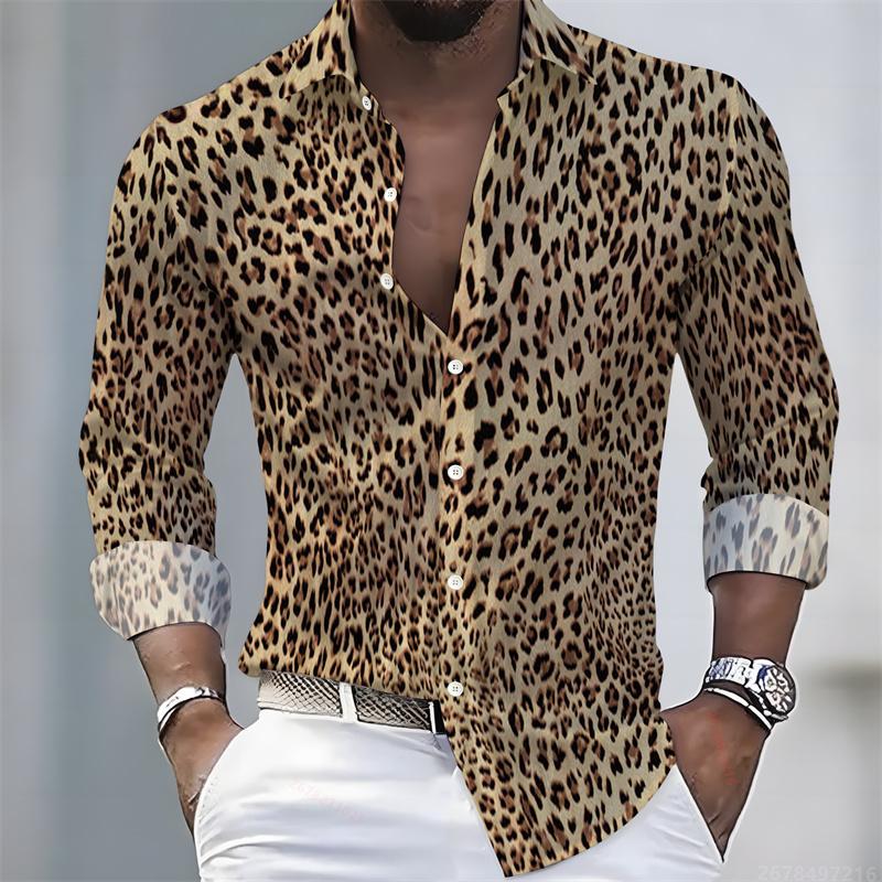 Men's Leopard Print Long-sleeved Shirt, Trendy Retro Slim-fit Turn-down Collar Casual and Stylish Men's Shirt, Sizes