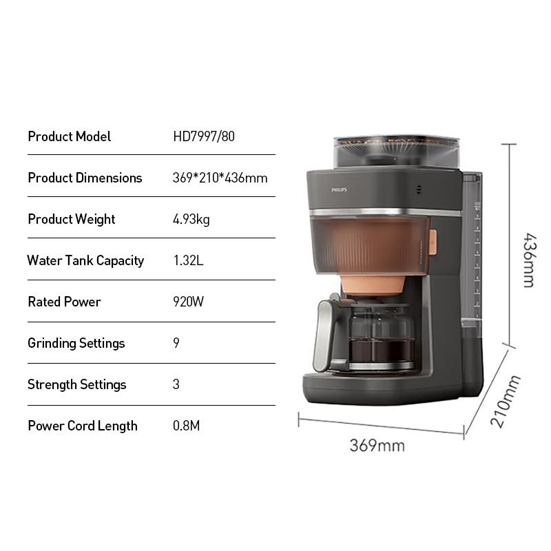 Philips Kaffetrakter Kaffemaskin HD7997 Dobbeltemperatur Amerikansk Stil Kvern og Brygg Kaffemaskin