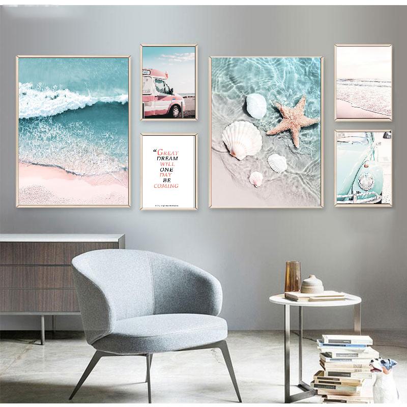 

Скандинавские розовые пляжные волны, цветочная ракушка, автомобильные пончики, настенная живопись на холсте, постеры и принты, настенные панно для декора гостиной