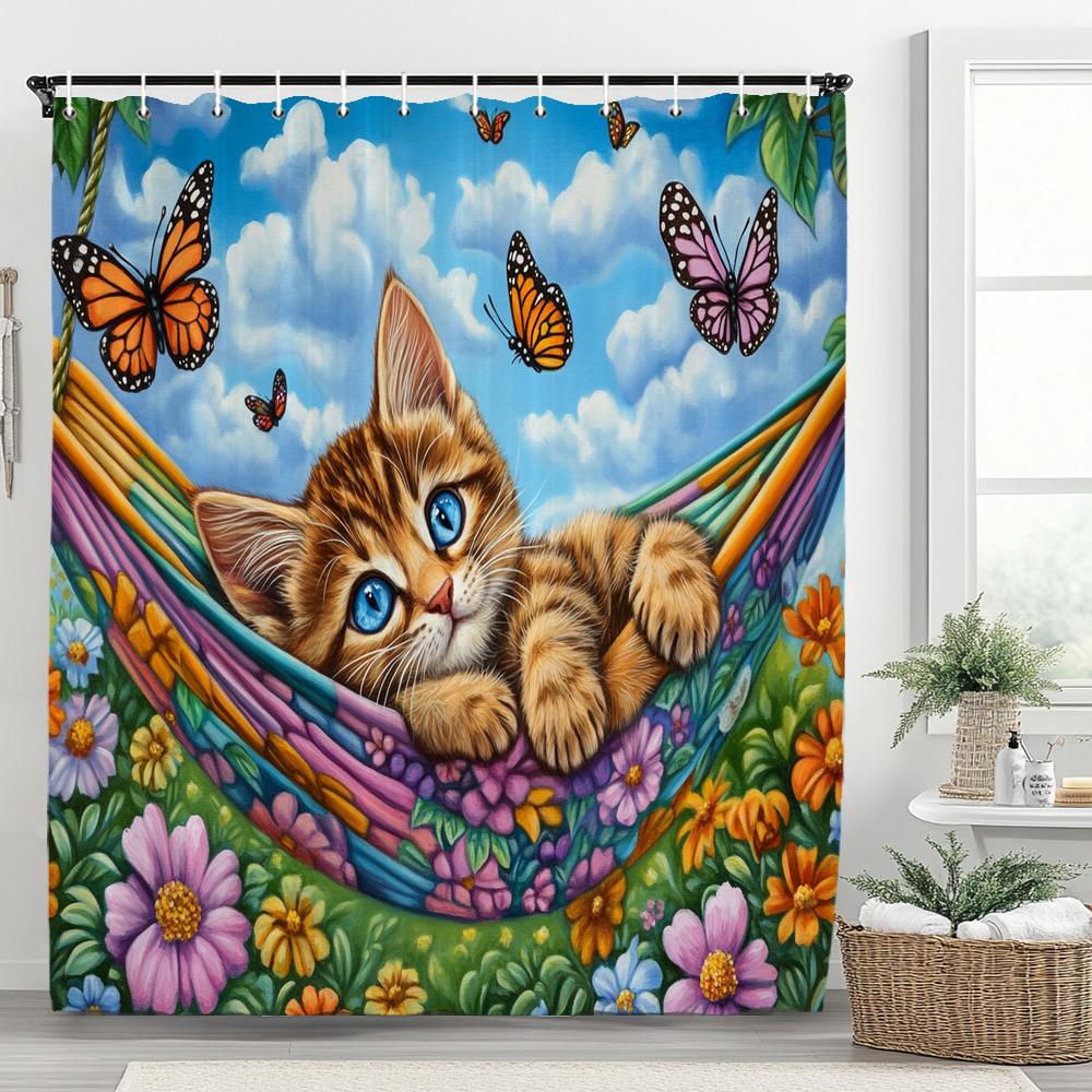 Funny Cat Shower Curtains Cute Cartoon Cat Bath Curtain,3d Printed Creative Bathroom Accessories Home Decoration With Hooks
