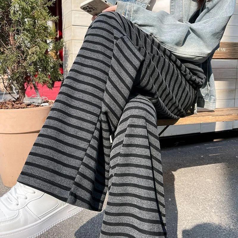 Women's Retro Grey Striped Wide-Leg Pants, Elastic Waist with Drawstring - High Waist, Loose Fit, Spring/Summer 2026 Collection.