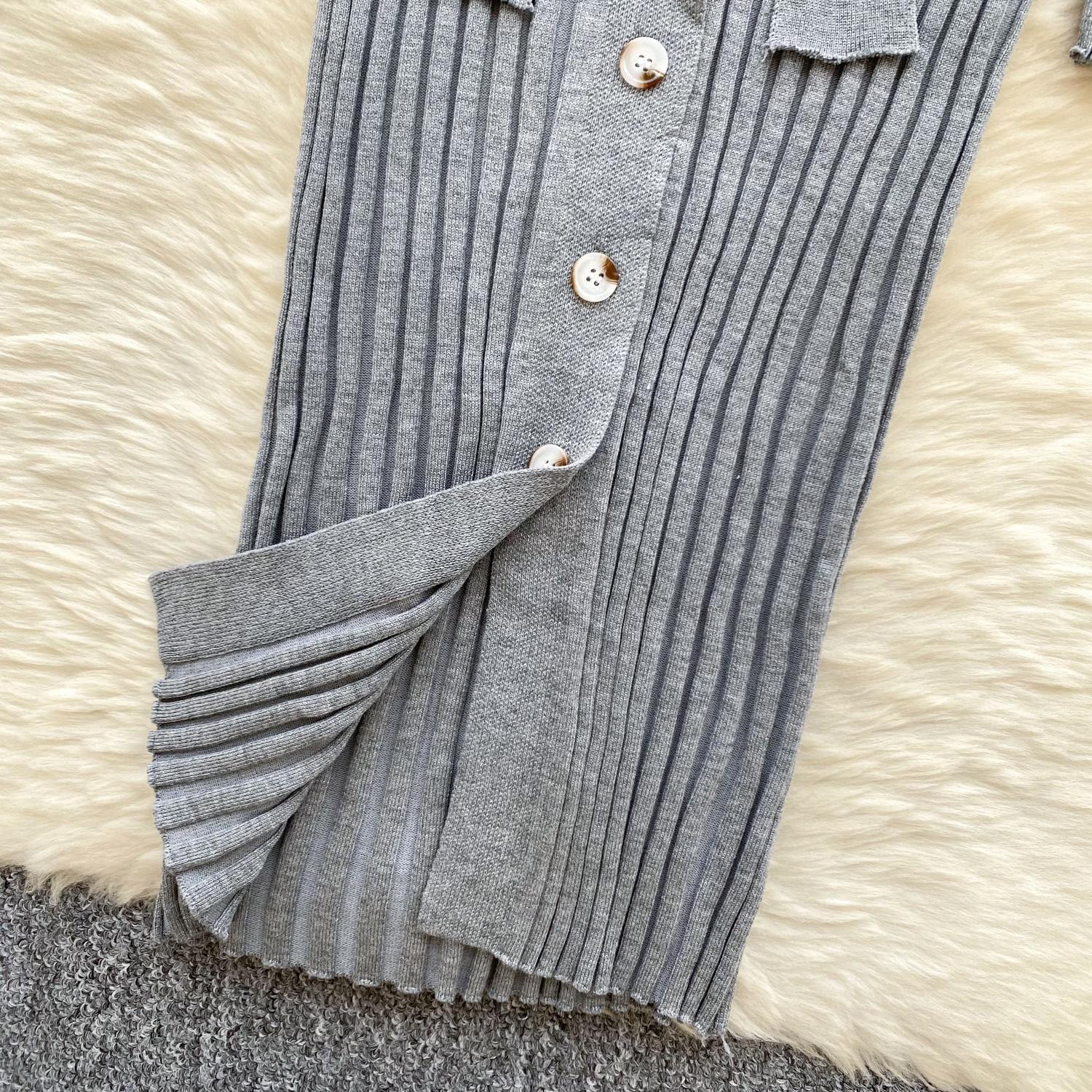 Винтажное отложной воротник элегантное длинное рукав однобортное бандажное трикотажное — фото 15