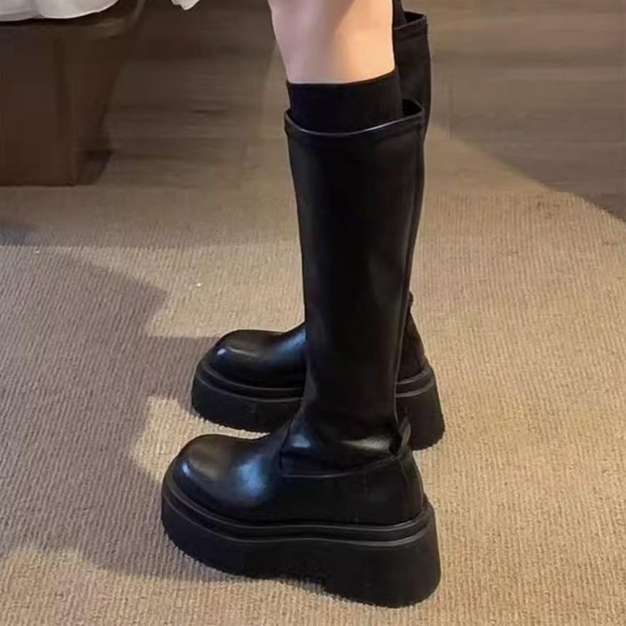 2025 Spring and Autumn New Boots Women's Knight Boots Small Boots But Knee Thick-soled Elastic Skinny High Boots