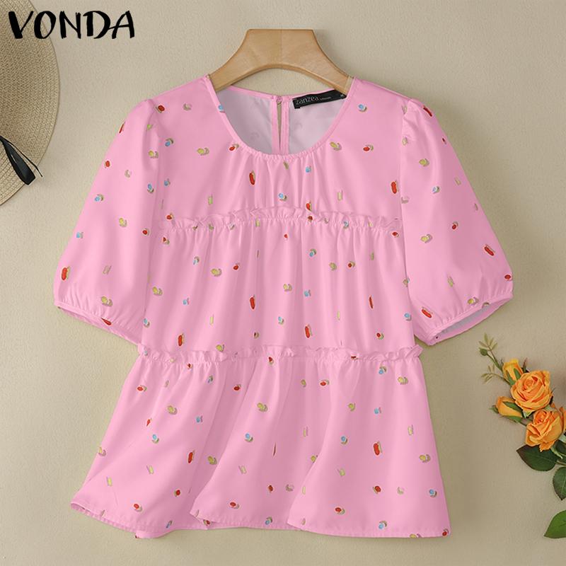 

VONDA Women Summer O-neck Short Sleeve Ruffled Floral Print Casual Blouse 3XL розовый