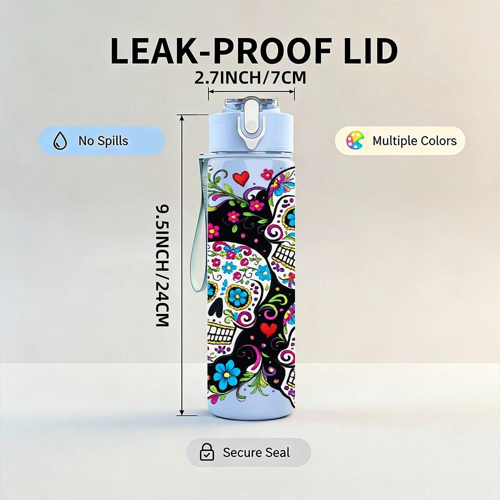 1PC Colorful Sugar Skull Art Print 750ml Color Plastic Sports Water Bottle Leakproof Flip Straw Lid Suitable for Sports Office Home Use
