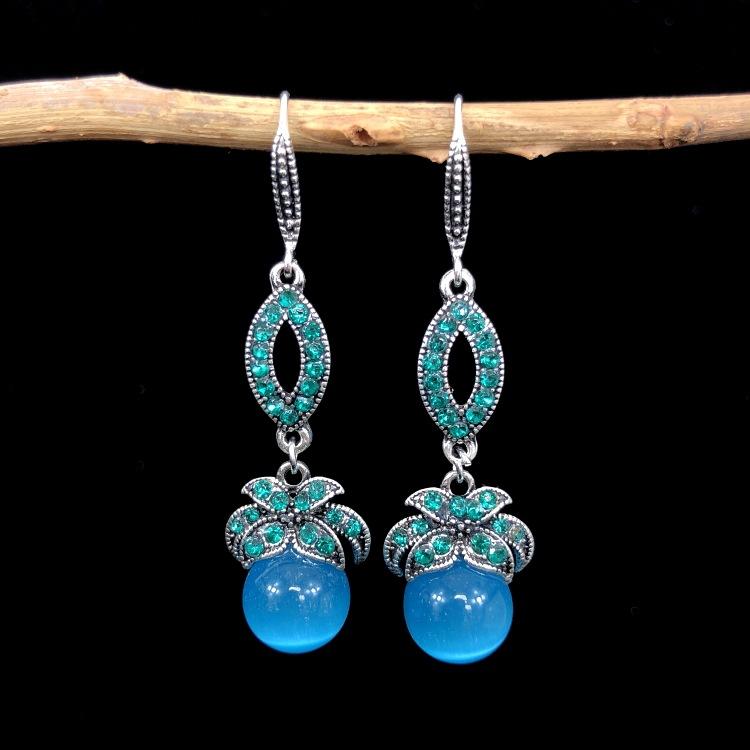 Ethnic style retro fashion agate earrings women's simple temperament opal diamond earrings versatile long ear jewelry