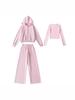 Women's Pink Sportswear Set: Round Neck Long Sleeve T-Shirt, Hooded Sweatshirt Jacket, and Wide Leg Sweatpants