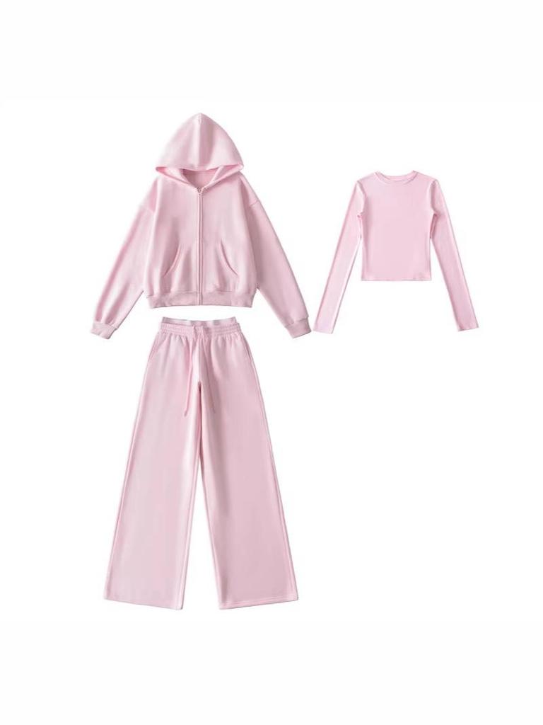 Women's Pink Sportswear Set: Round Neck Long Sleeve T-Shirt, Hooded Sweatshirt Jacket, and Wide Leg Sweatpants
