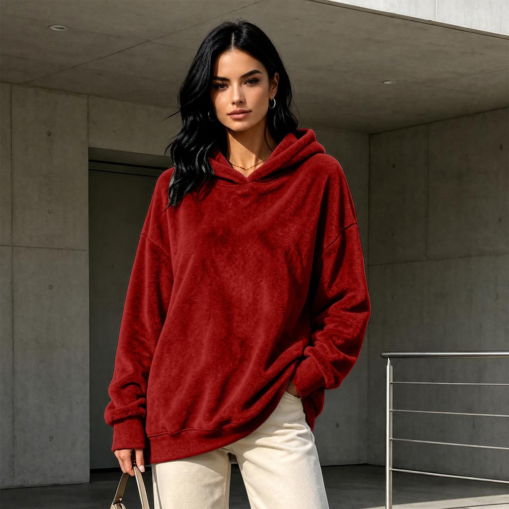 Women's Long Sleeve Flannel Hooded Pullover Color Casual Top